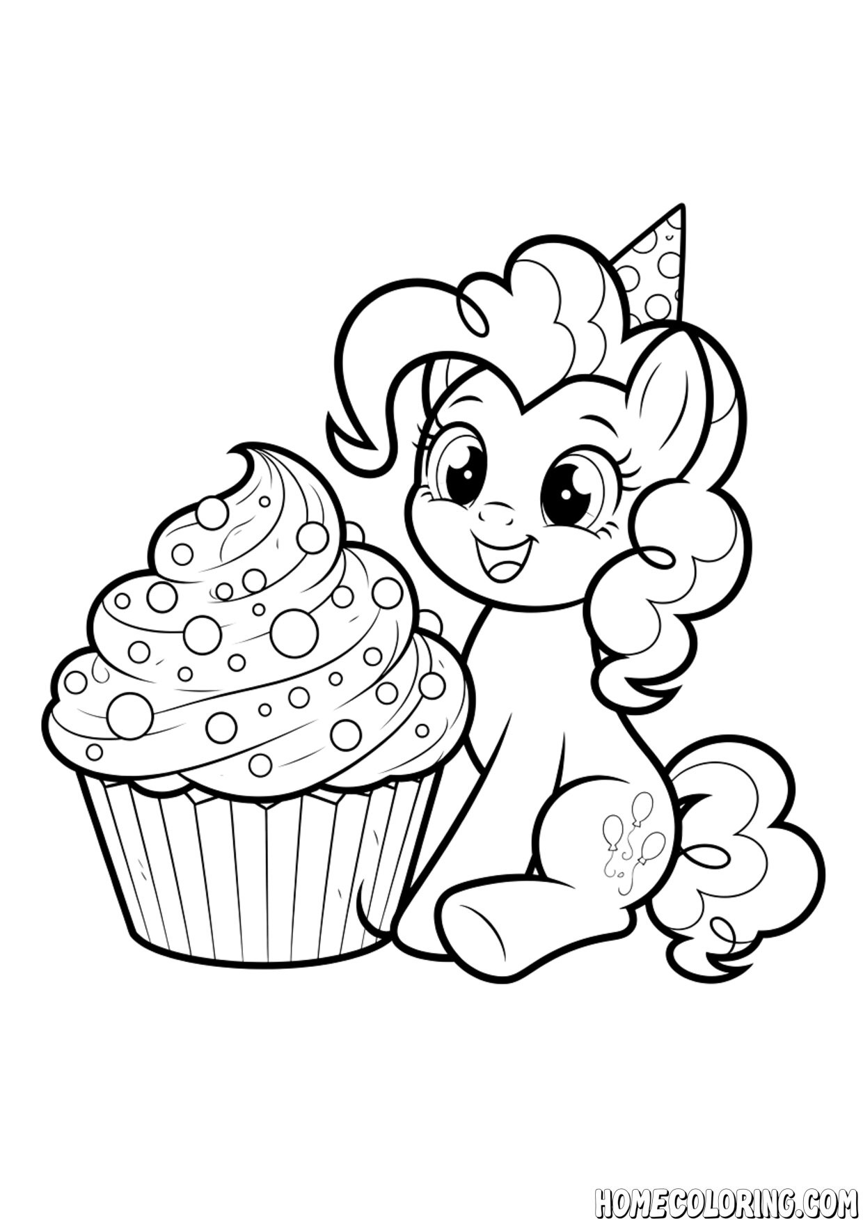 My Little Pony coloring page: a pony in a party hat sitting next to a giant cupcake.