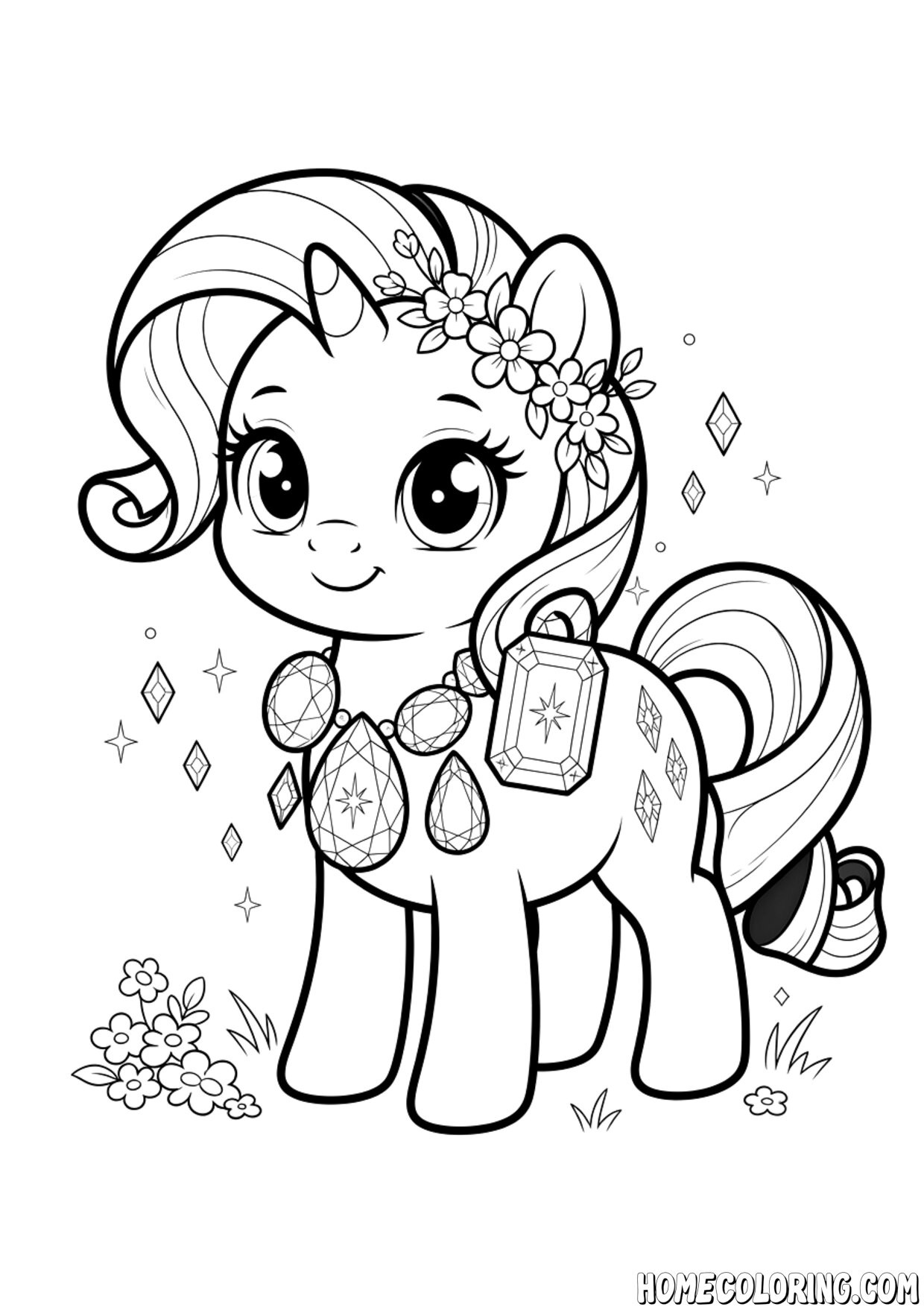 My Little Pony coloring page: a glamorous pony wearing a necklace of sparkling gems.