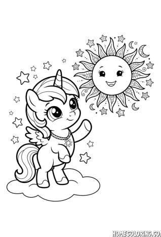 My Little Pony coloring page: a pony on a cloud reaching toward a smiling sun with stars.