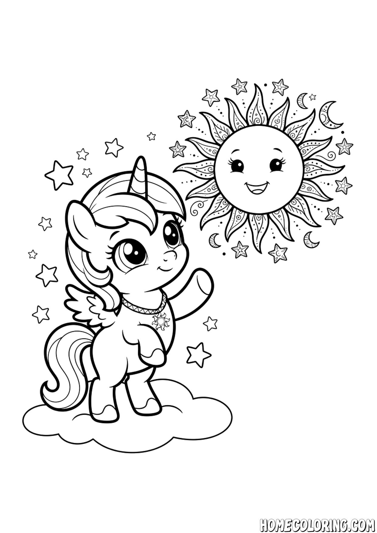 My Little Pony coloring page: a pony on a cloud reaching toward a smiling sun with stars.