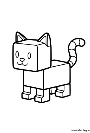 Coloring page: A blocky Roblox cat with big eyes standing on four cube legs.
