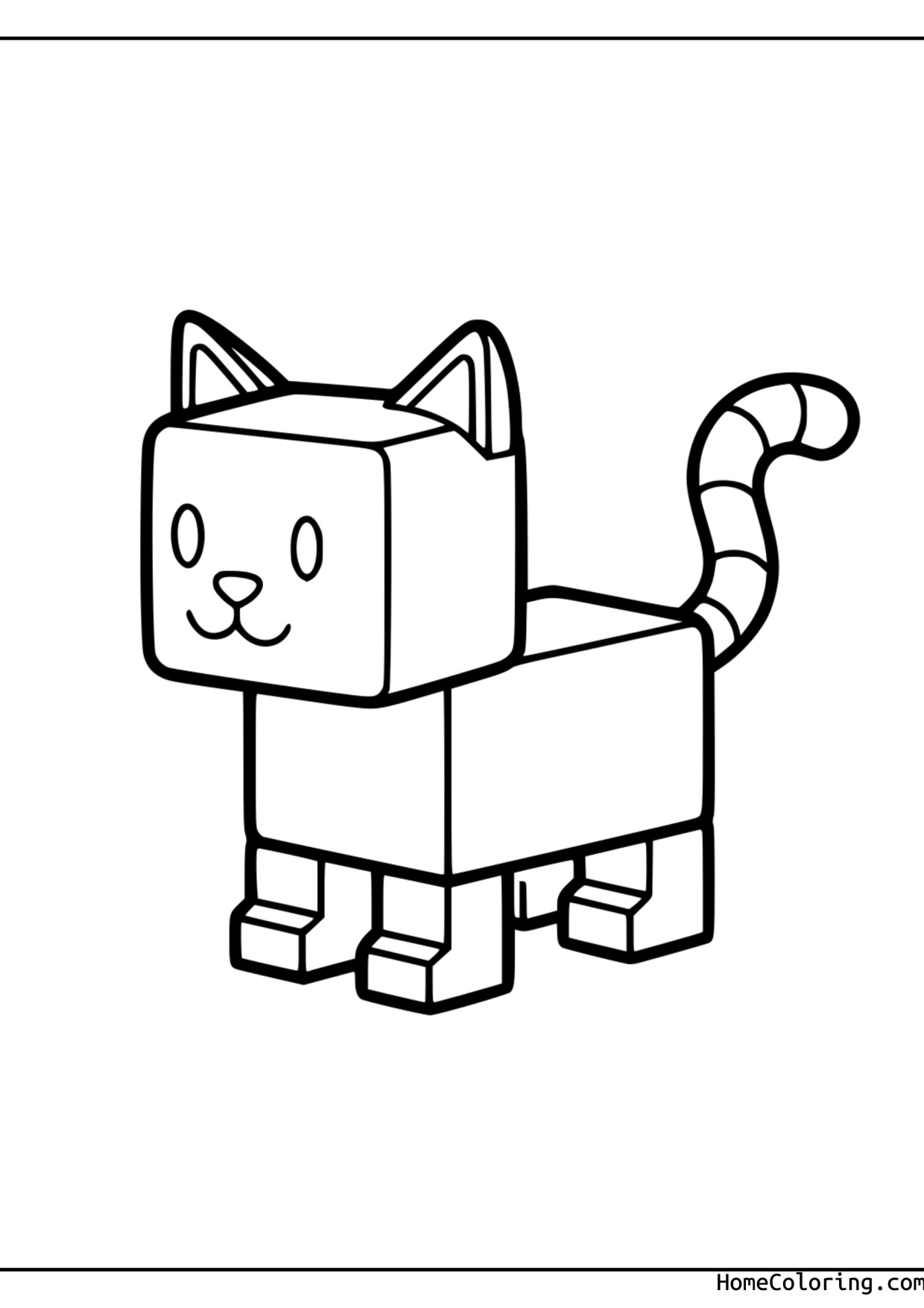Coloring page: A blocky Roblox cat with big eyes standing on four cube legs.