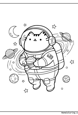 Malvorlage: Weltraumabenteuer mit Pusheen im Raumanzug.