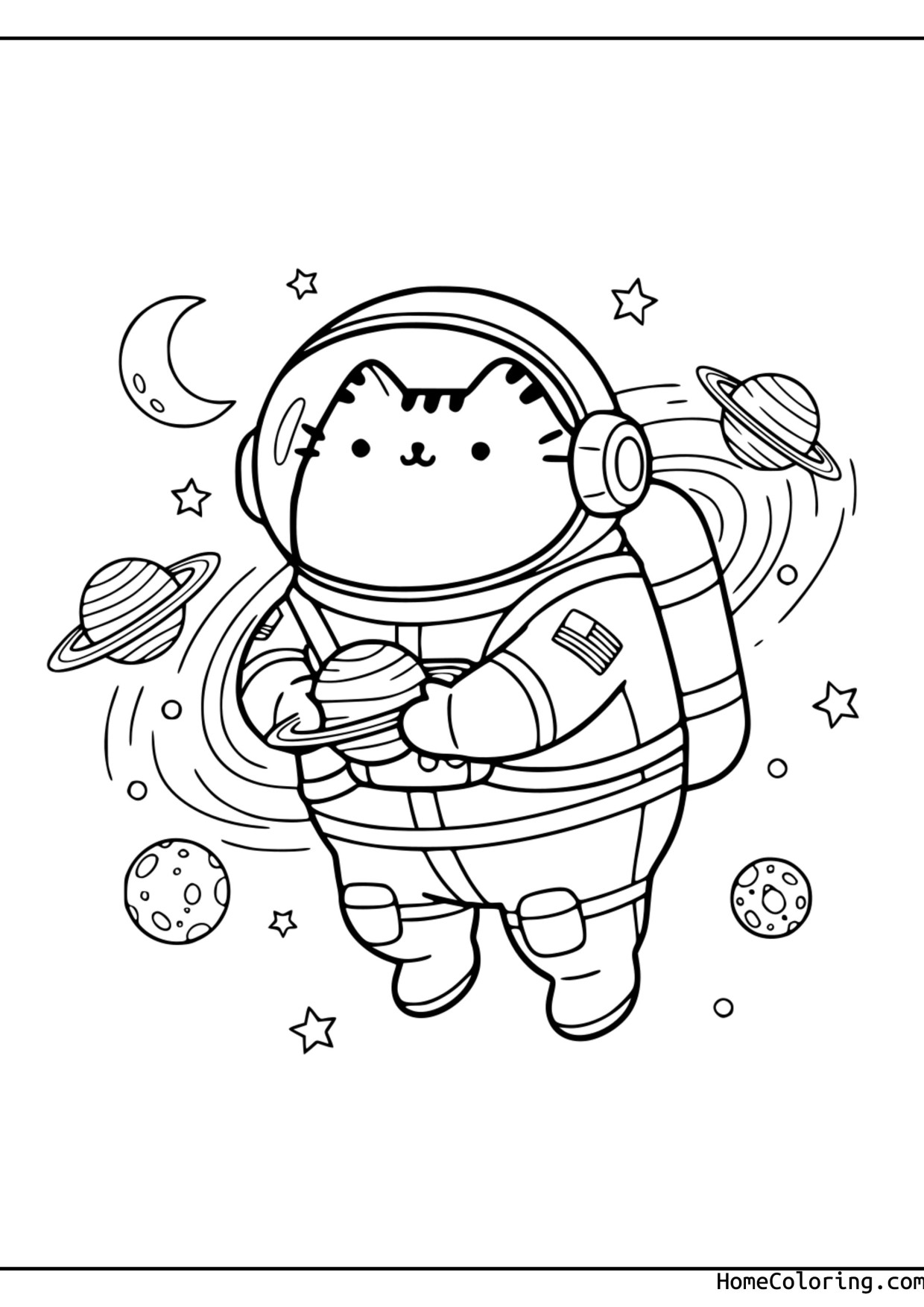 Coloring page: The cat Pusheen as an astronaut floating in space among stars and planets.
