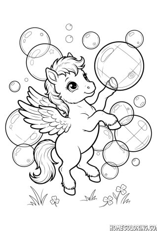 My Little Pony coloring page: a pegasus pony playing with floating soap bubbles.