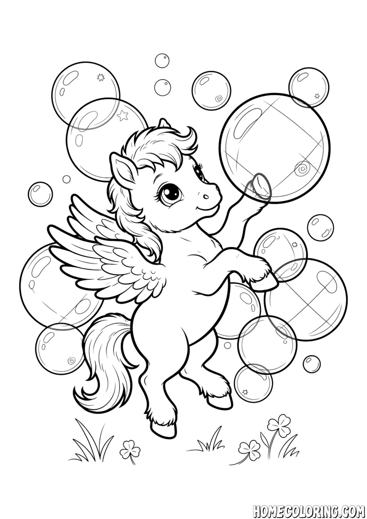 My Little Pony coloring page: a pegasus pony playing with floating soap bubbles.