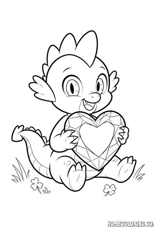 My Little Pony coloring page: a baby dragon hugging a faceted crystal heart.