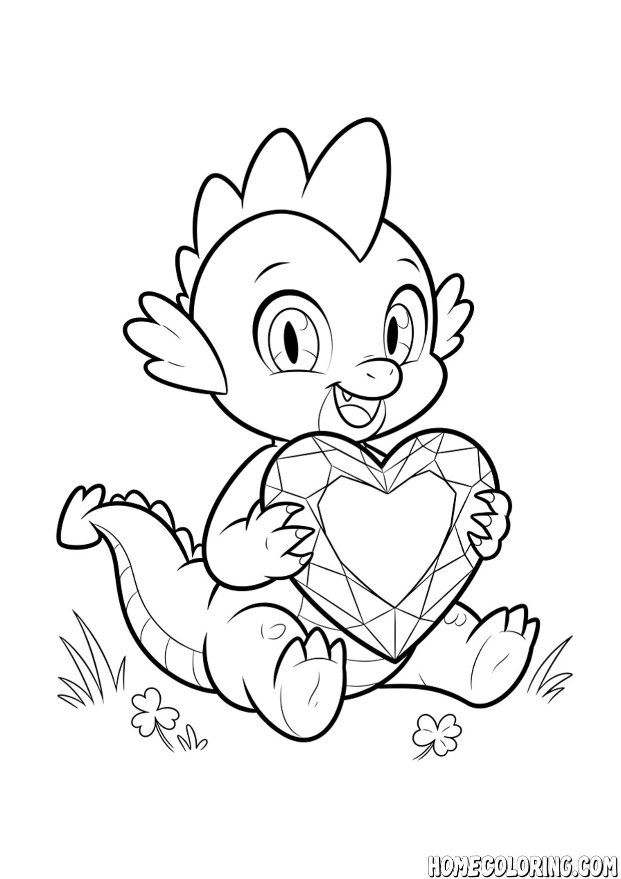My Little Pony coloring page: a baby dragon hugging a faceted crystal heart.