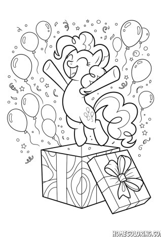 My Little Pony coloring page: a pony jumping out of a gift box with balloons.