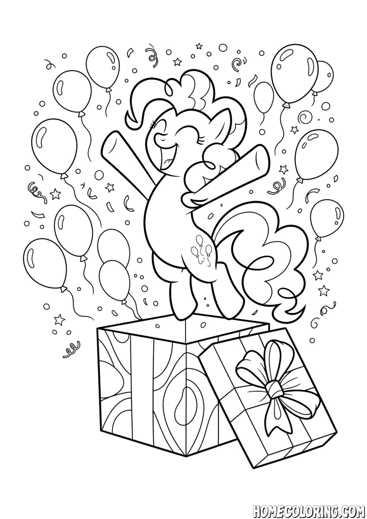My Little Pony coloring page: a pony jumping out of a gift box with balloons.