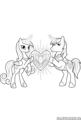 My Little Pony coloring page: a pony princess and a prince touching a radiant crystal heart.