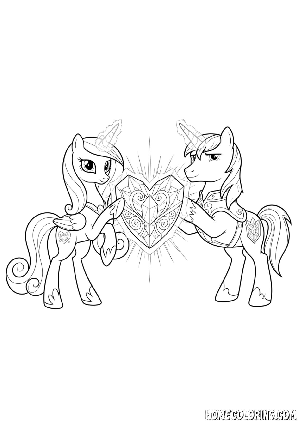 My Little Pony coloring page: a pony princess and a prince touching a radiant crystal heart.