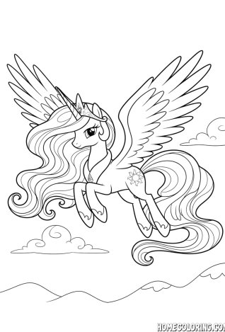 My Little Pony coloring page: an alicorn princess flying through the clouds with a crown.