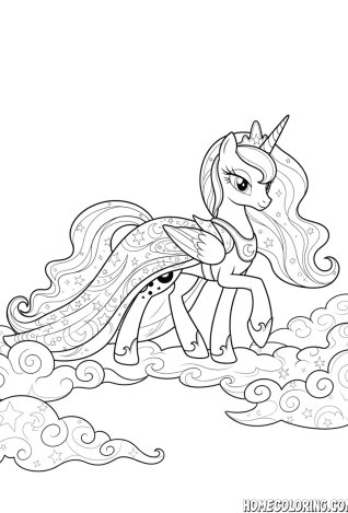 My Little Pony coloring page: a regal alicorn princess sitting on clouds with a starry mane.