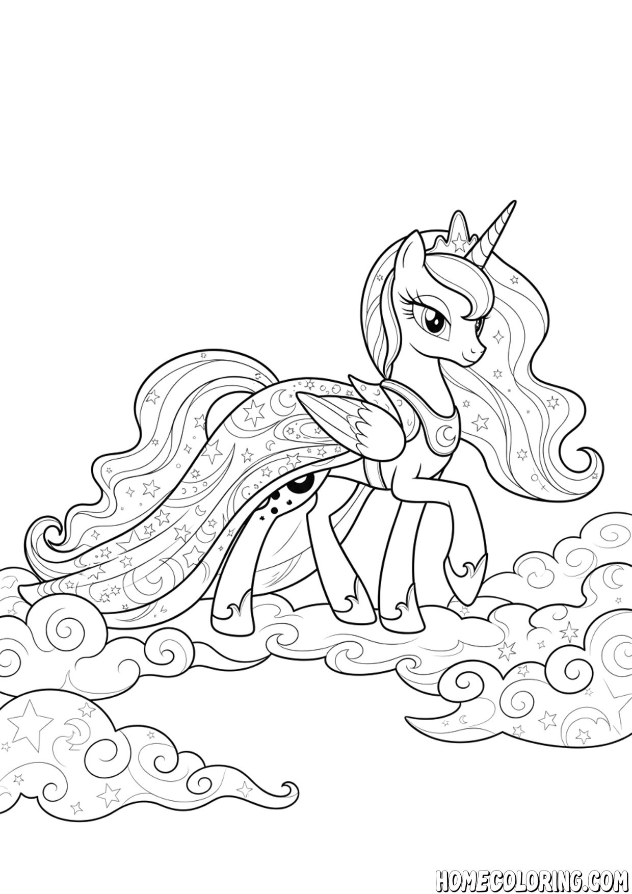 My Little Pony coloring page: a regal alicorn princess sitting on clouds with a starry mane.