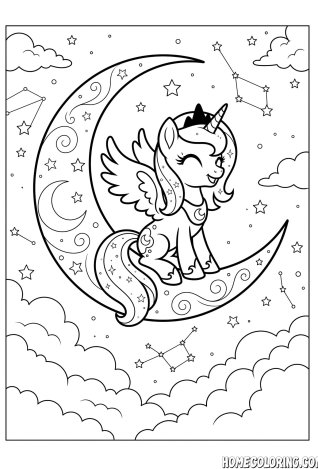 My Little Pony coloring page: a princess pony on a crescent moon sitting among the stars and clouds.