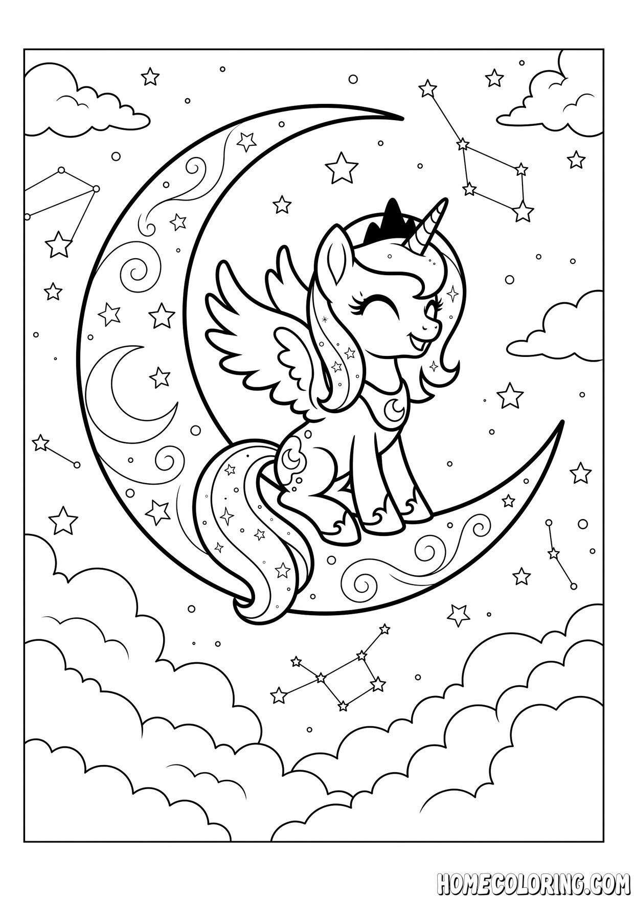 My Little Pony coloring page: a princess pony on a crescent moon sitting among the stars and clouds.