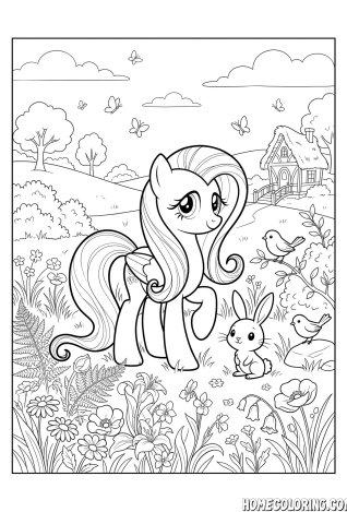 My Little Pony coloring page: a pony in a flower meadow standing beside a bunny and a cottage.
