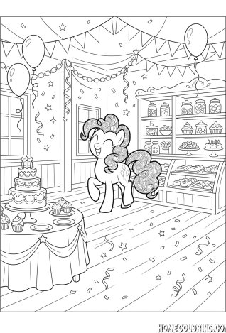 My Little Pony coloring page: a pony at a birthday party celebrating with a cake and balloons in a bakery.