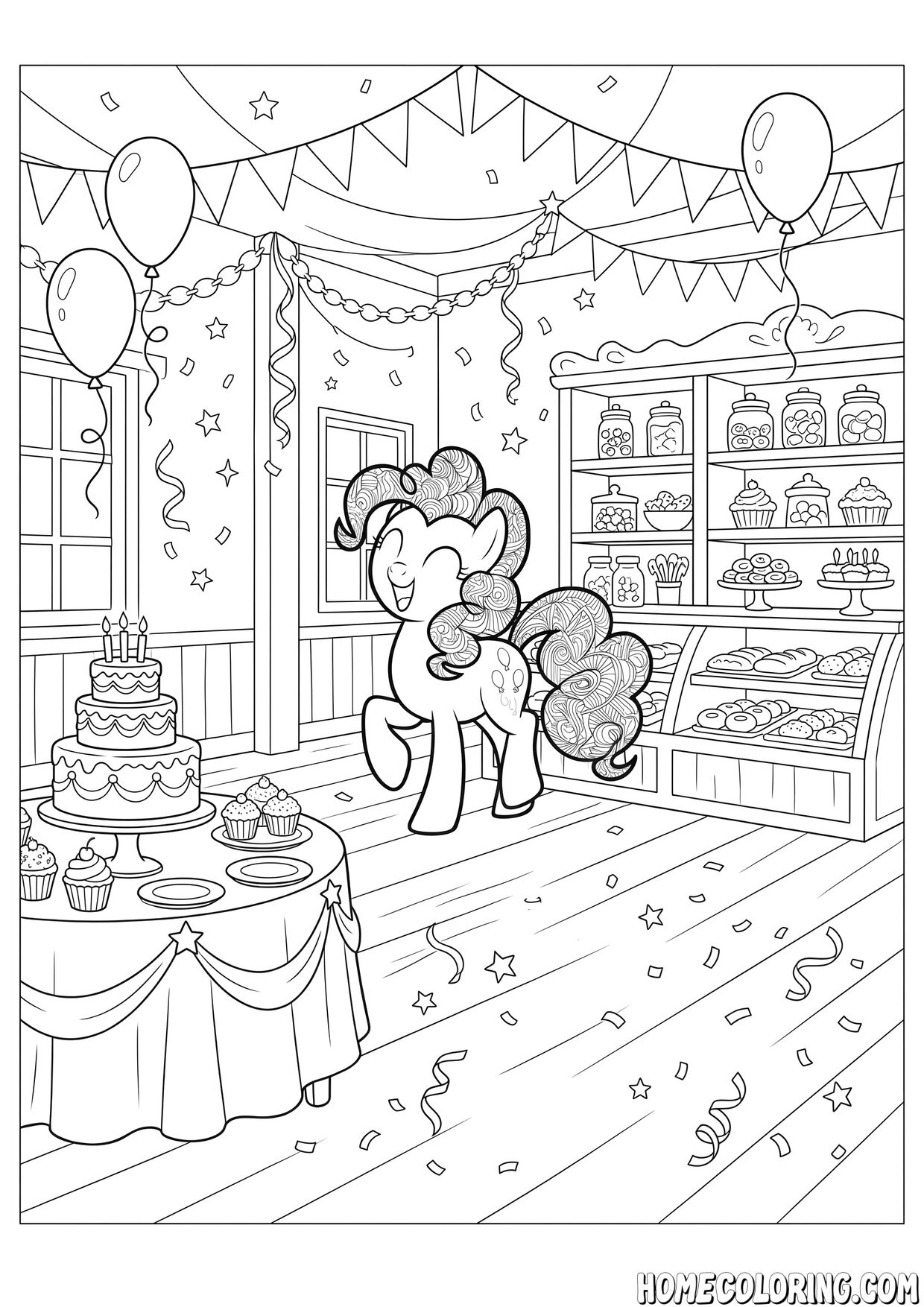 My Little Pony coloring page: a pony at a birthday party celebrating with a cake and balloons in a bakery.