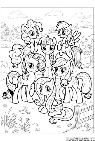 My Little Pony coloring page: a group of pony friends posing together on a farm.
