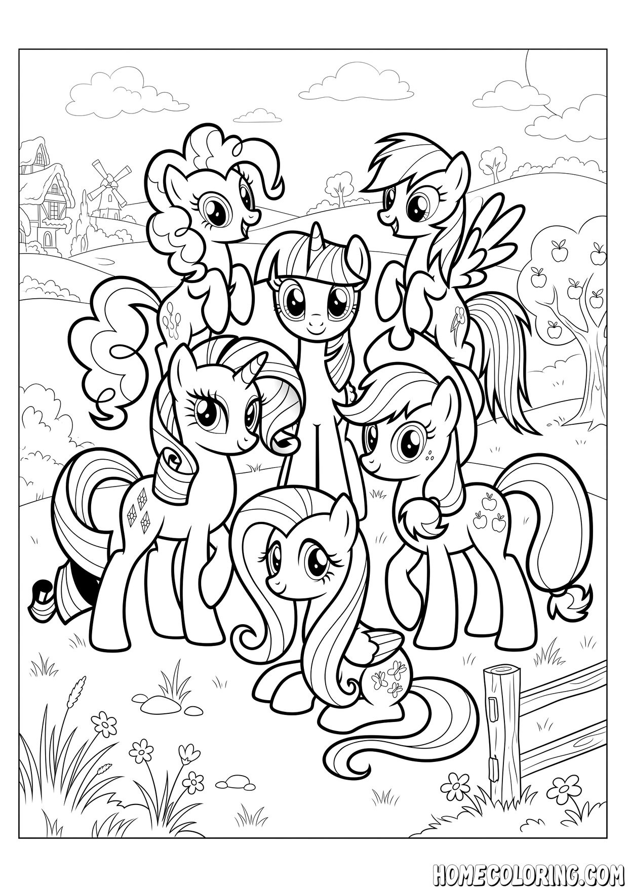 My Little Pony coloring page: a group of pony friends posing together on a farm.