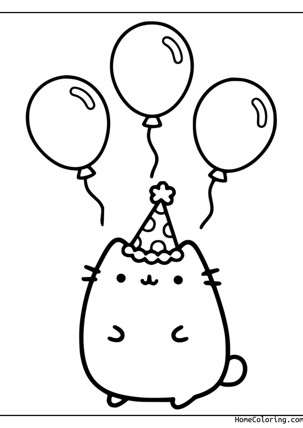 Coloring page: Pusheen wearing a party hat and holding three balloons.