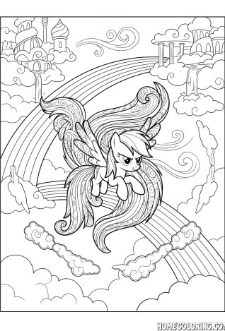My Little Pony coloring page: a pegasus pony flying over a rainbow above the clouds.