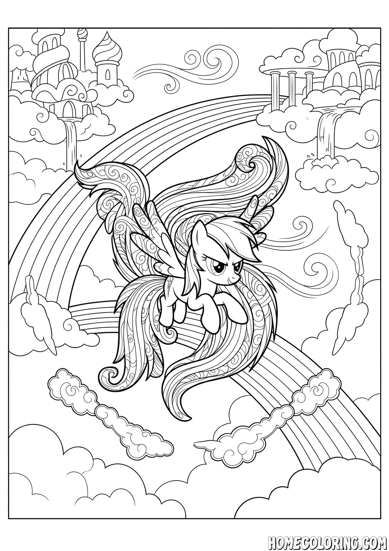 My Little Pony coloring page: a pegasus pony flying over a rainbow above the clouds.