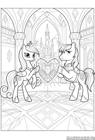 My Little Pony coloring page: a pony princess and a prince holding a crystal heart in an ice castle.