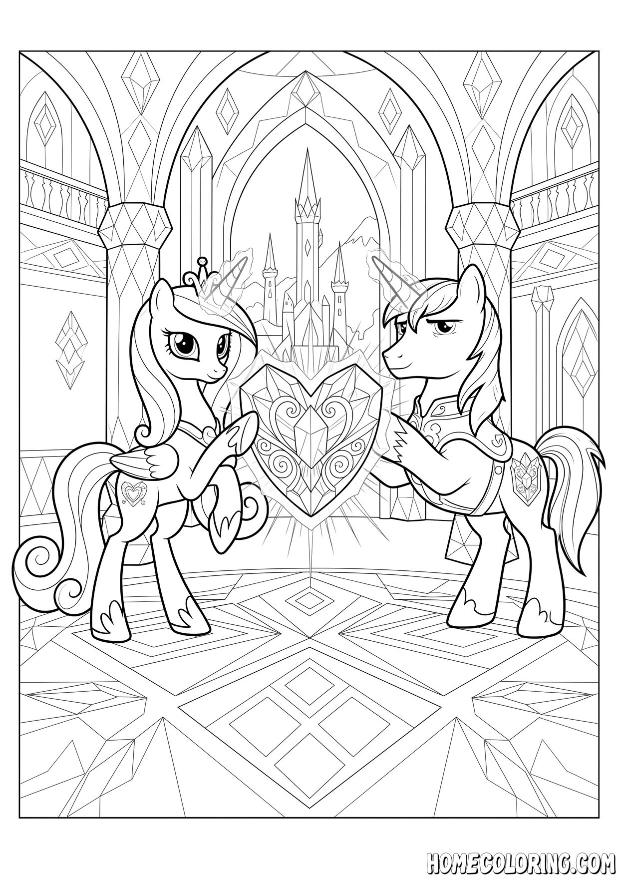 My Little Pony coloring page: a pony princess and a prince holding a crystal heart in an ice castle.