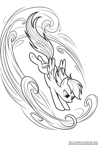 My Little Pony coloring page: a pegasus pony diving through elegant swirling wind lines.