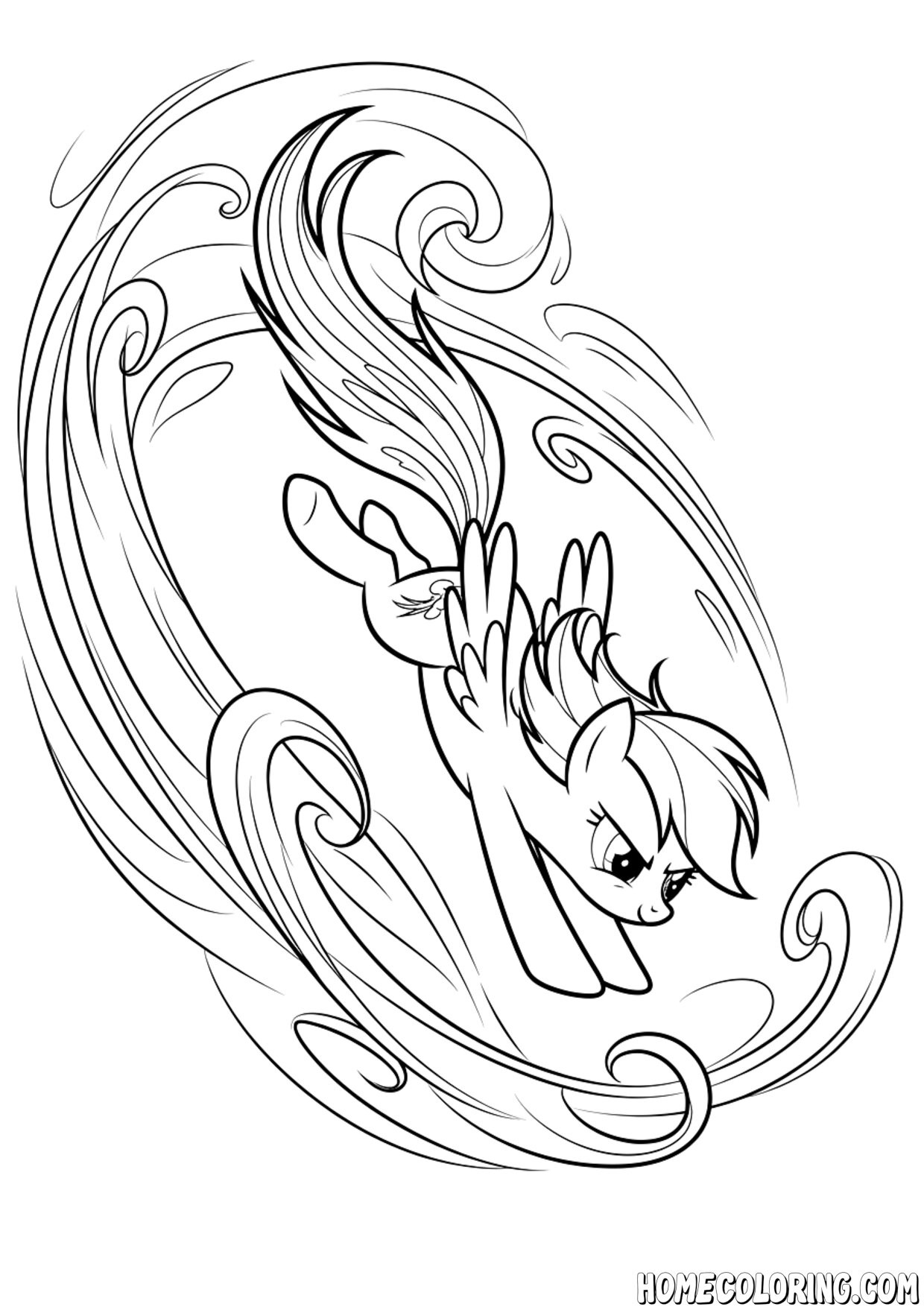 My Little Pony coloring page: a pegasus pony diving through elegant swirling wind lines.