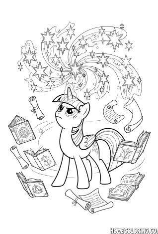 My Little Pony coloring page: a unicorn pony surrounded by floating spellbooks and scrolls.