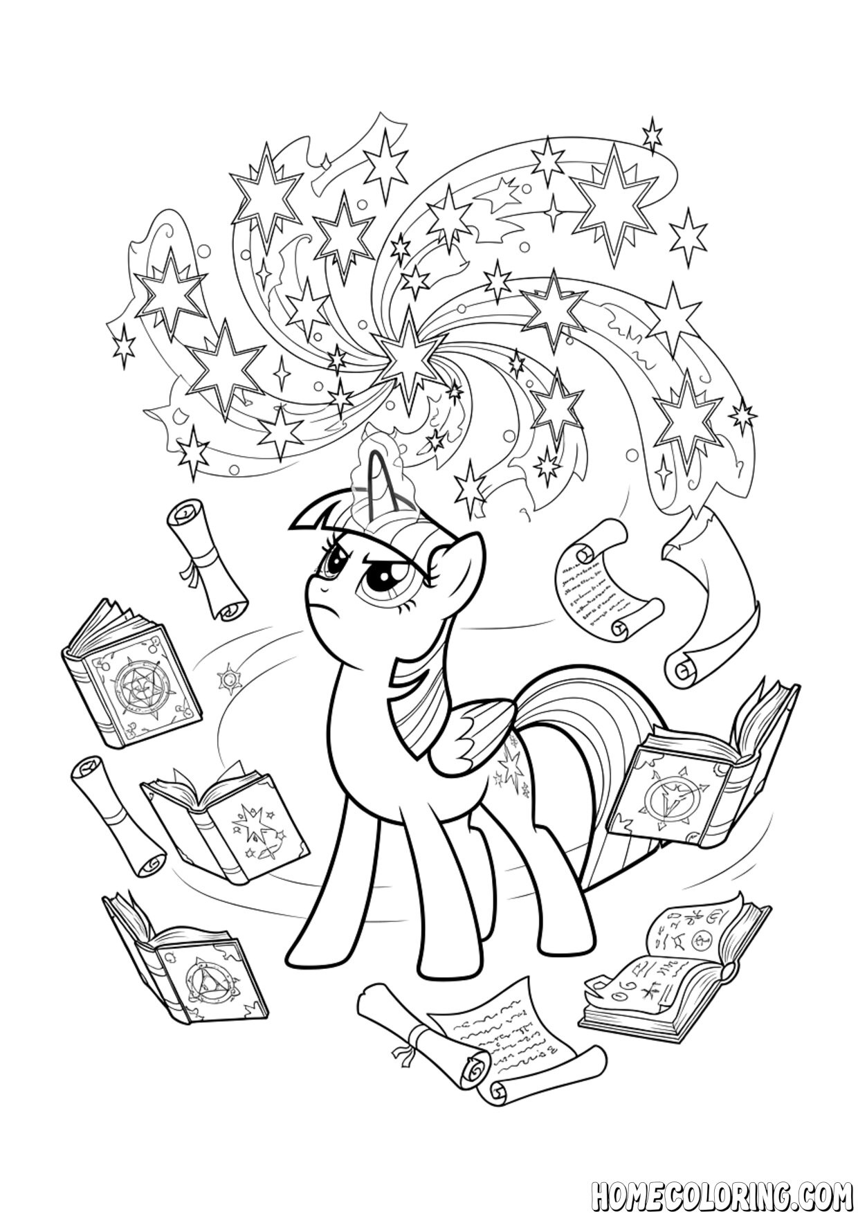 My Little Pony coloring page: a unicorn pony surrounded by floating spellbooks and scrolls.