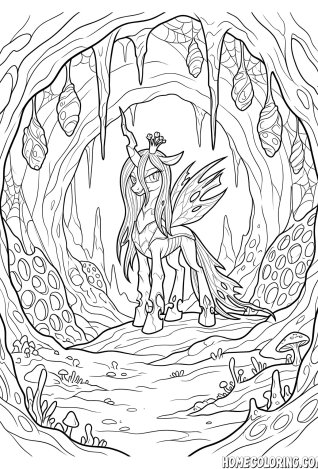 My Little Pony coloring page: a changeling pony queen standing in a dark hollow forest.