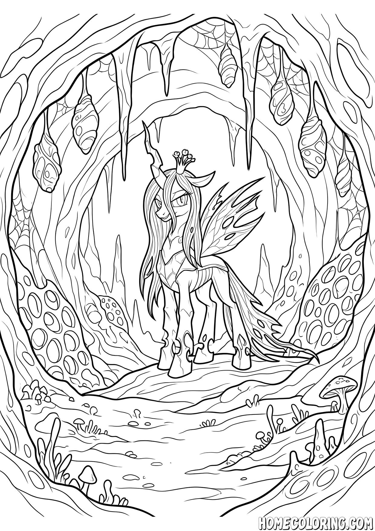 My Little Pony coloring page: a changeling pony queen standing in a dark hollow forest.