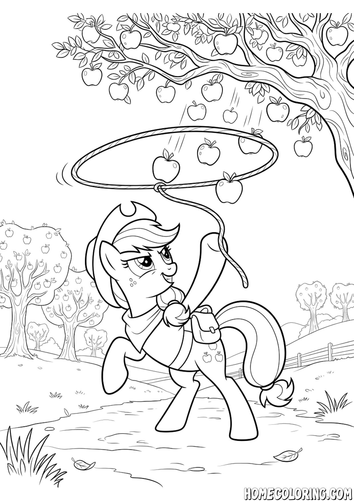 My Little Pony coloring page: a pony lassoing apples in an apple orchard.
