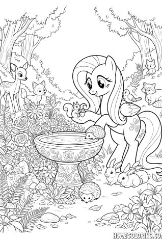 My Little Pony coloring page: a pony surrounded by woodland animals in a forest glade.