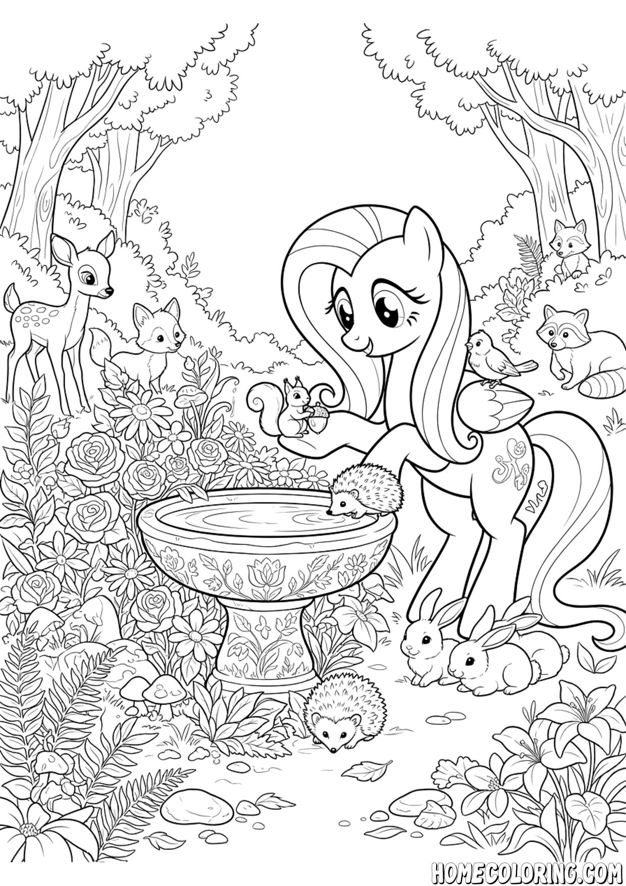 My Little Pony coloring page: a pony surrounded by woodland animals in a forest glade.