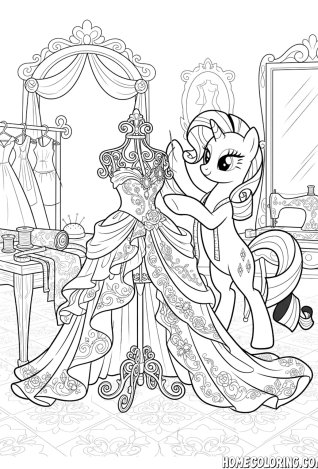 My Little Pony coloring page: a pony fashion designer sewing an ornate gown in her boutique.