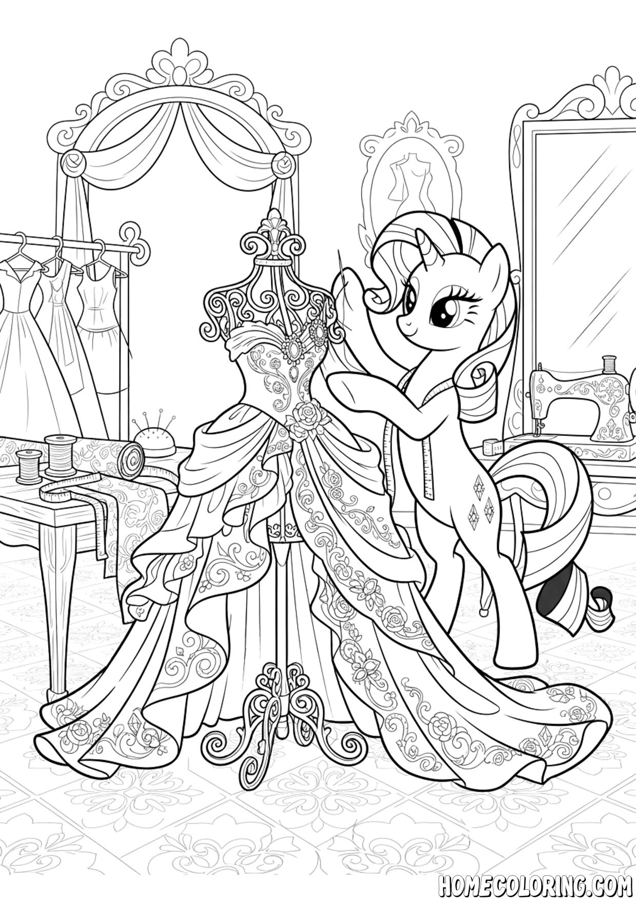 My Little Pony coloring page: a pony fashion designer sewing an ornate gown in her boutique.