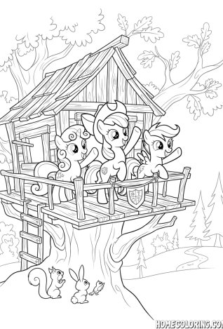 My Little Pony coloring page: three pony fillies welcoming friends from a wooden treehouse.