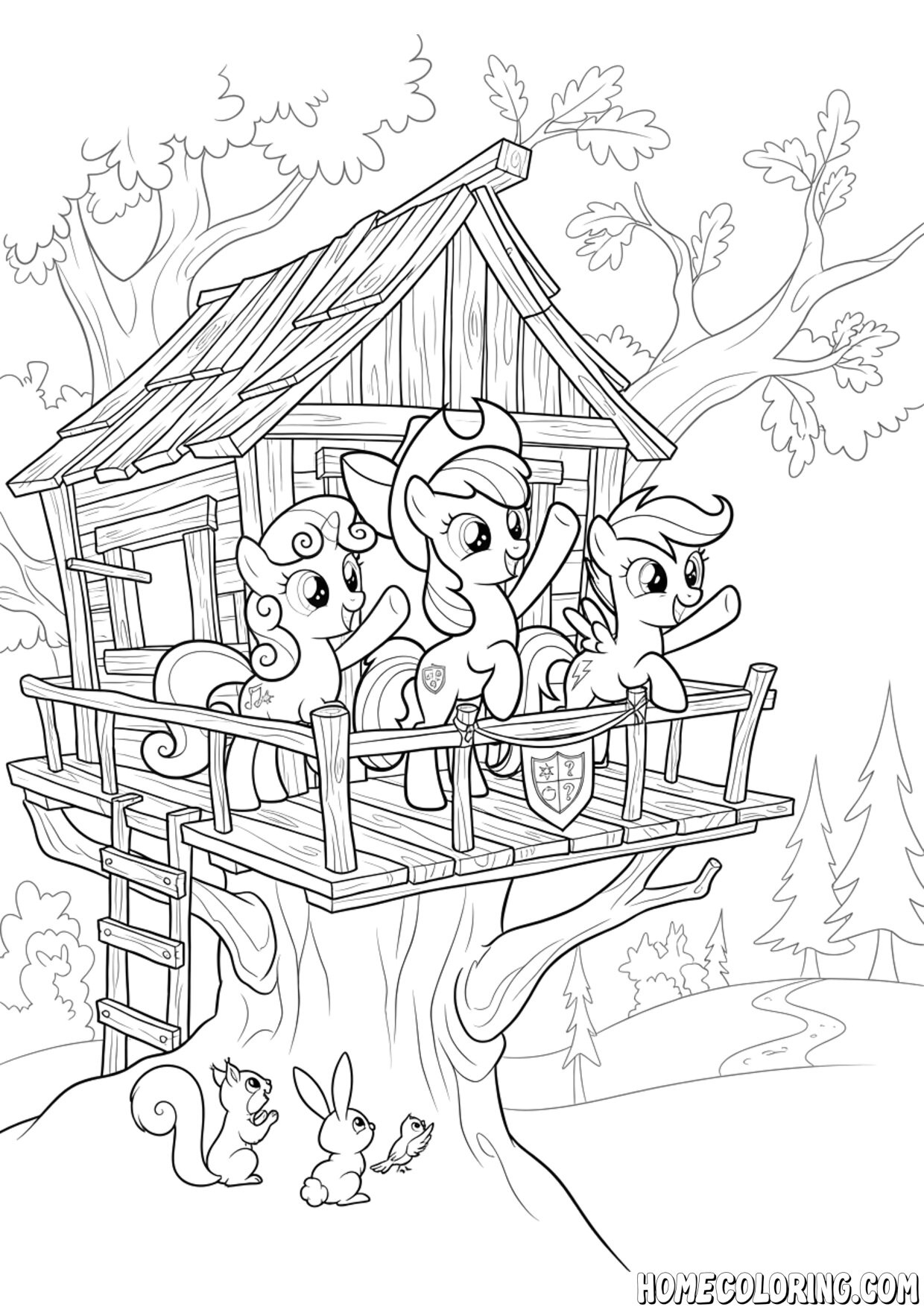 My Little Pony coloring page: three pony fillies welcoming friends from a wooden treehouse.