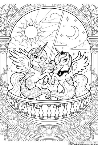 My Little Pony coloring page: two alicorn princesses holding hooves on a palace balcony.