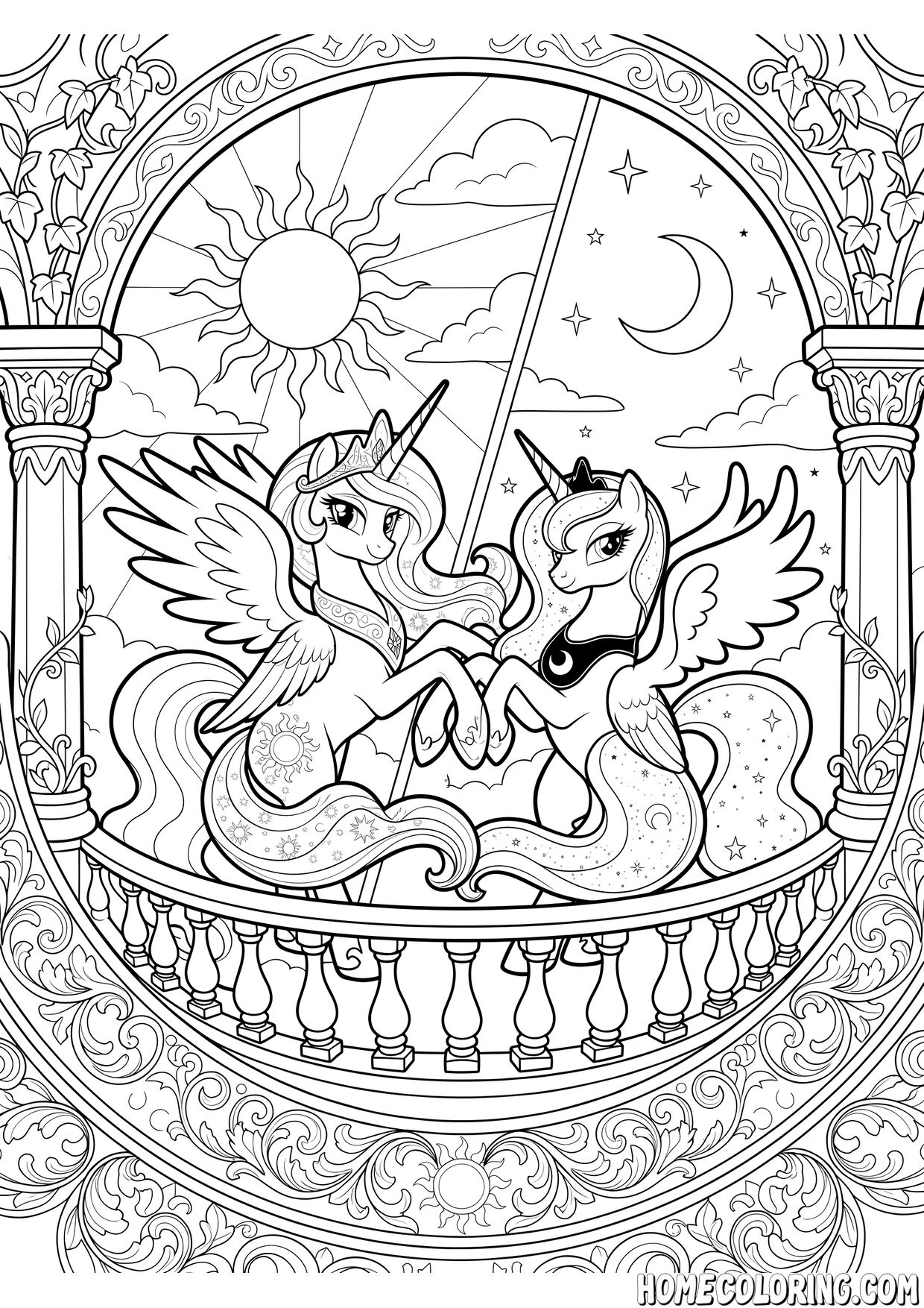 My Little Pony coloring page: two alicorn princesses holding hooves on a palace balcony.