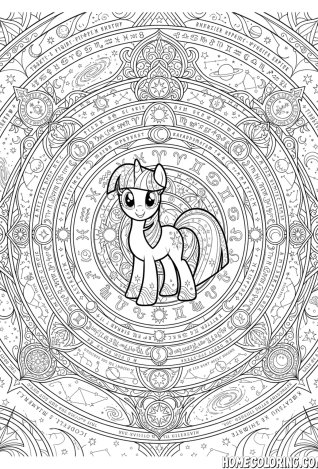 My Little Pony coloring page: a unicorn pony at the center of an astrological zodiac mandala.