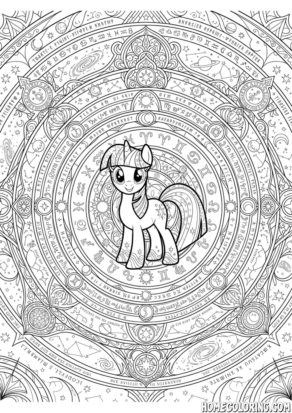 My Little Pony coloring page: a unicorn pony at the center of an astrological zodiac mandala.