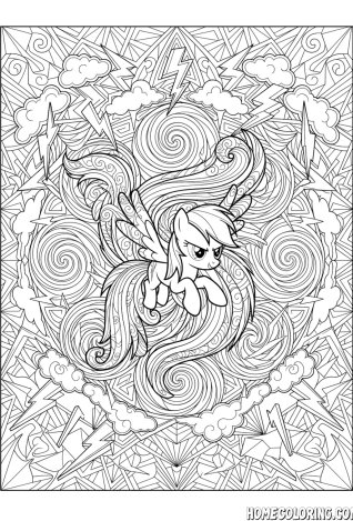 My Little Pony coloring page: a pegasus pony flying through a storm of lightning and wind.