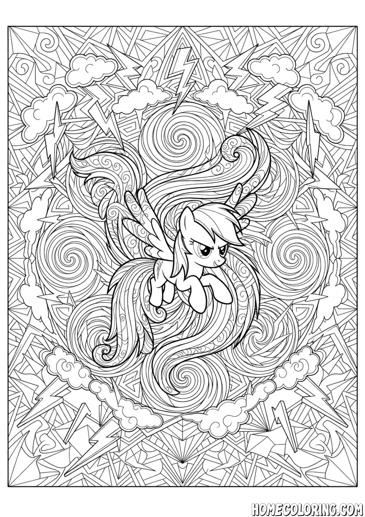 My Little Pony coloring page: a pegasus pony flying through a storm of lightning and wind.